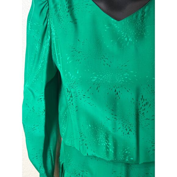 Green Silk Vtg Dress Sz 8 10 Maggy London Drop Waist Pleated 80's Puff Sleeve - Picture 3 of 12